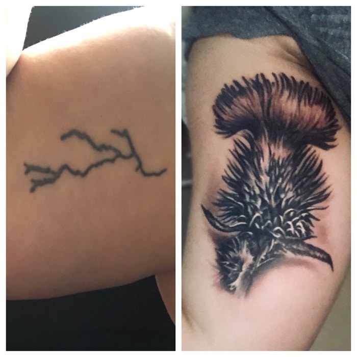 A tattoo of a lightening bolt that looks like a twig and cover-up of a Scottish thistle