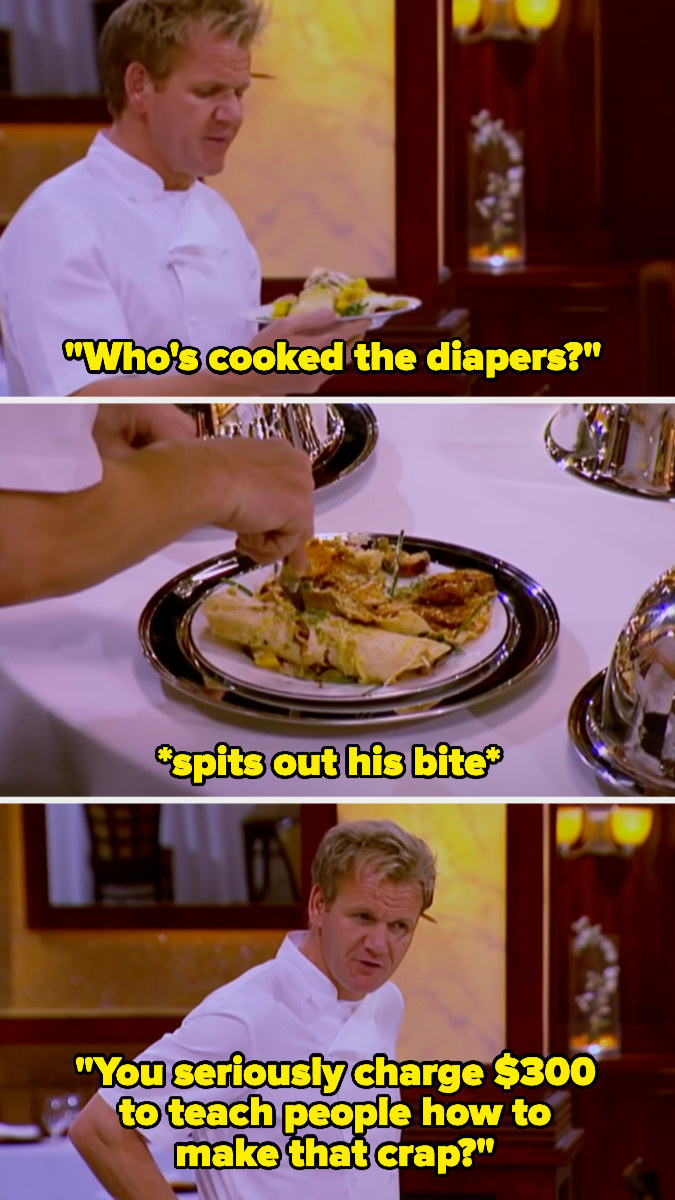 Gordon tries an enchilada dish, after comparing it to diapers, then spits it out