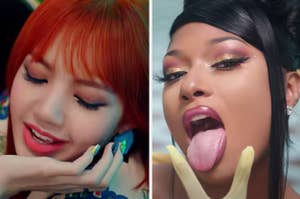 A member from Blackpink is on the left leaning on her hand with Megan Thee Stallion sticks her tongue out on the right