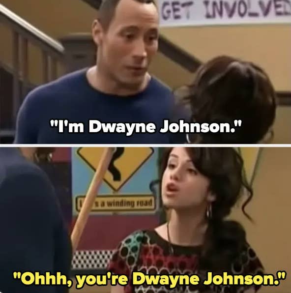 Dwayne introduces himself and acting clueless, Selena/Alex says "Ohhh, you're Dwayne Johnson"