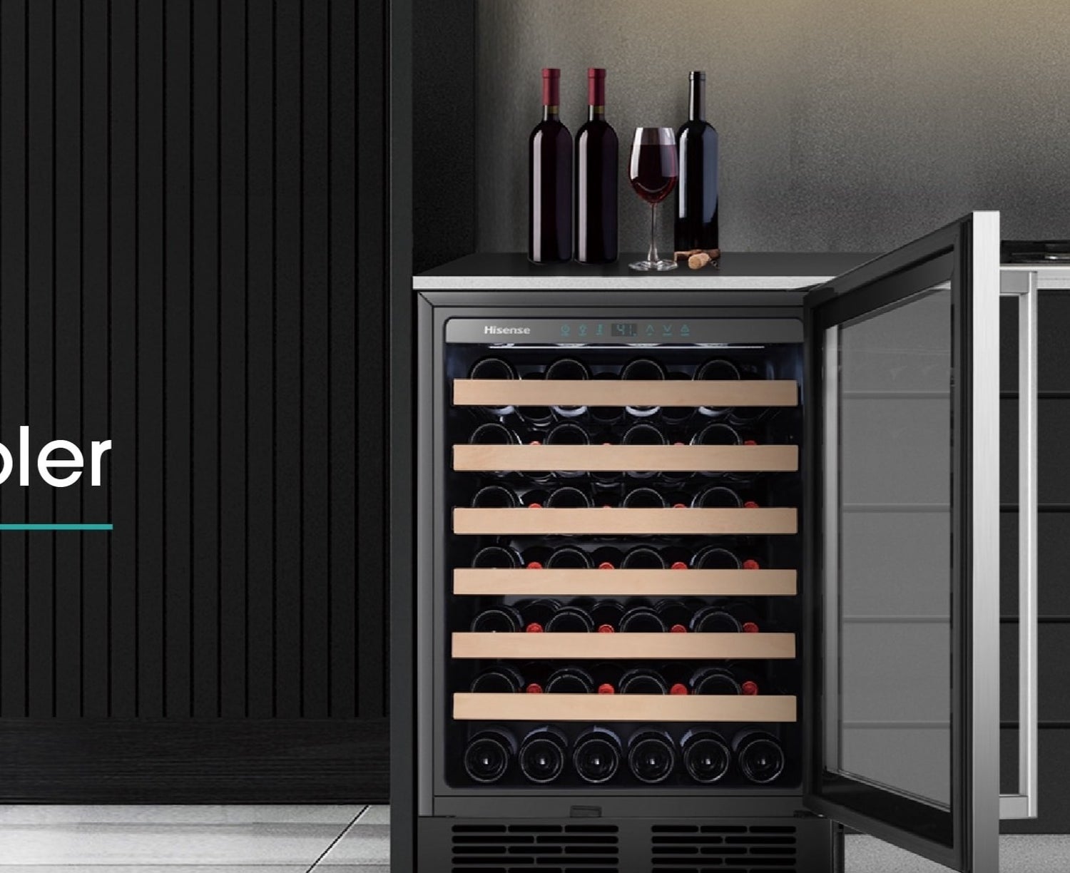 the mini fridge-shaped wine cooler with six tan shelves holding a variety of wine bottles