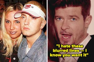 Eminem and his ex-wife, Kim Mathers; Robin Thicke in his "Blurred Lines" music video