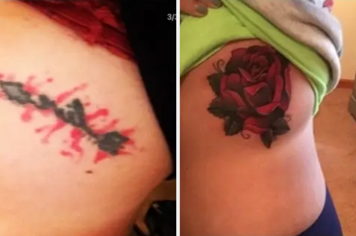 A blotchy tattoo of a rose a beautiful detailed cover-up of a rose