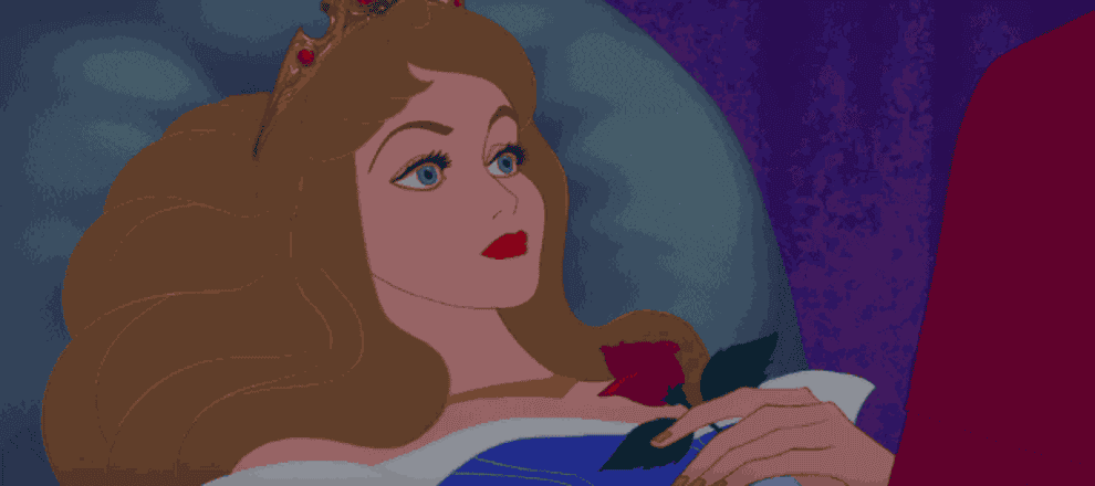 Sleeping Beauty waking up with perfect makeup