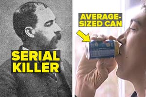 Famed serial killer HH Holmes and the tallest man in the world holding a regular sized can of pepsi
