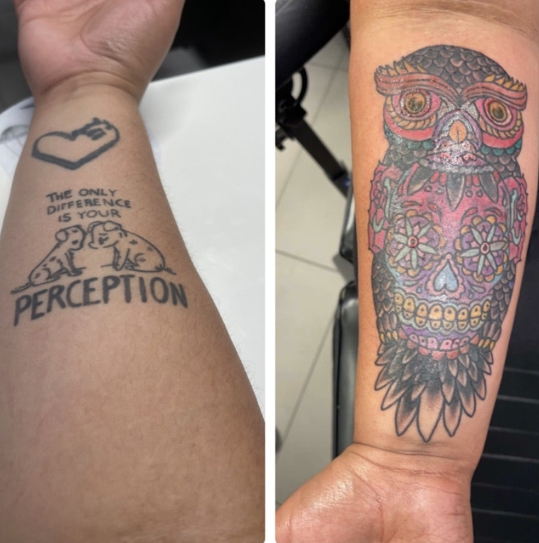 A tattoo of heart with &quot;equality&quot; written inside and a cover-up of a colorful owl