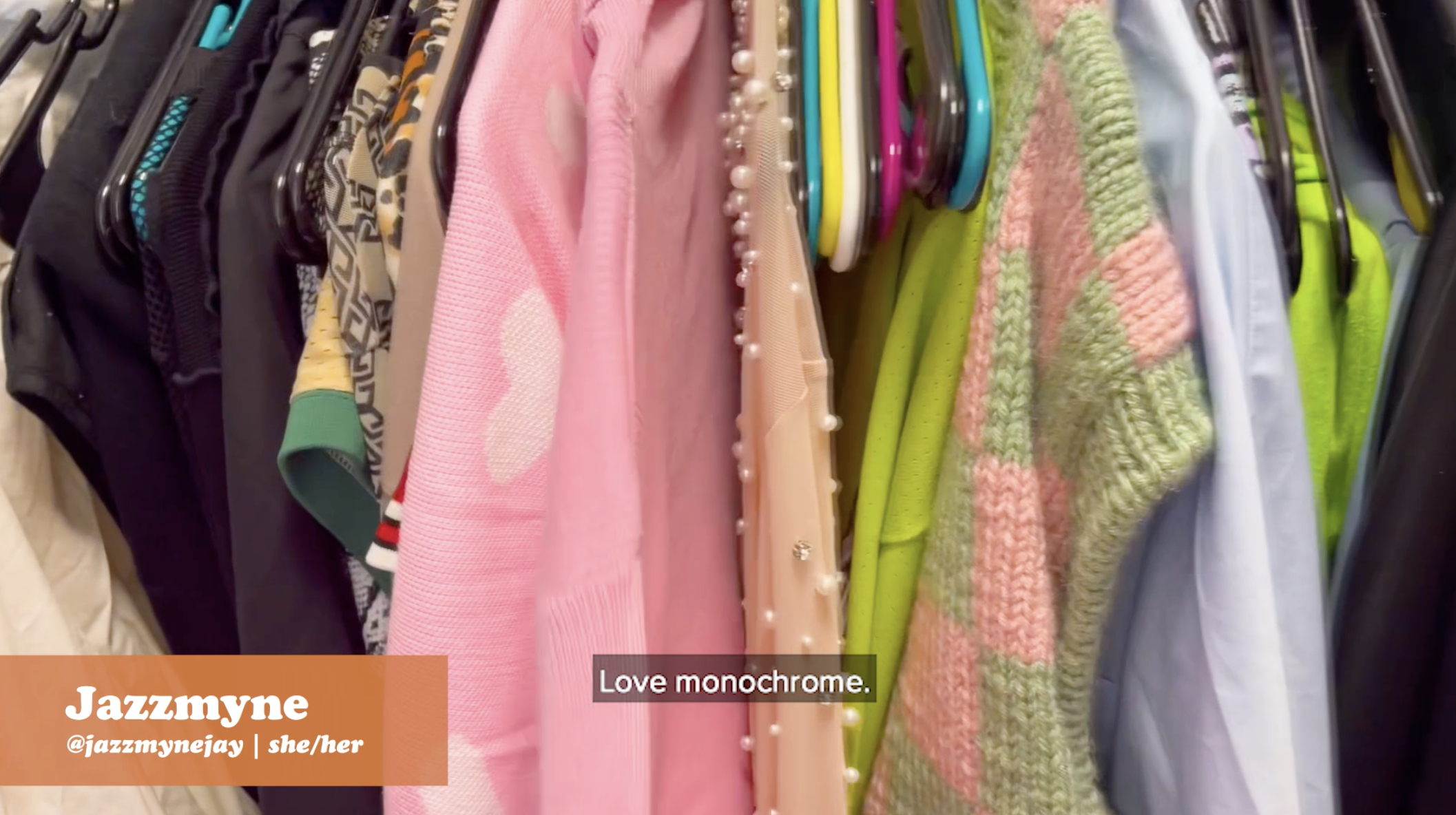 screengrab of Jazzmyne saying &quot;love monochrome&quot; while showing her closet of clothes
