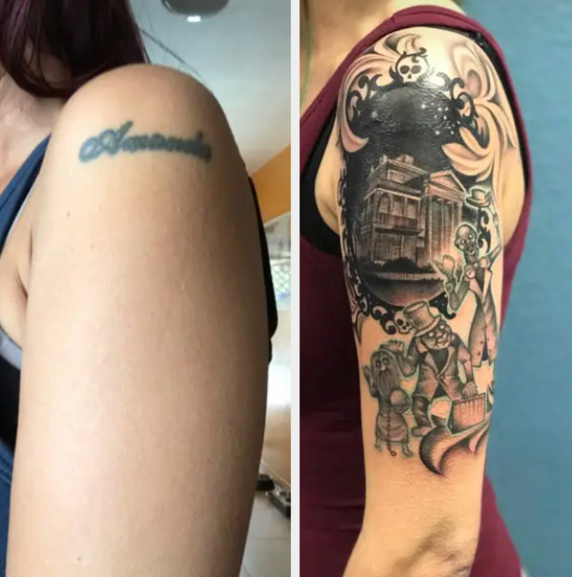 A smudged tattoo of a name and cover-up of Tim Burton-esque scene 