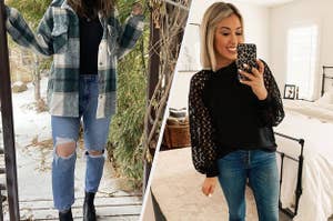 a reviewer wearing a plaid shacket and a reviewer wearing a black lace top