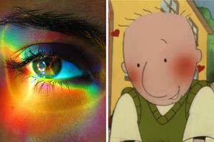 On the left, a closeup of an eye with light reflecting off of it, and on the right, the cartoon character Doug blushing