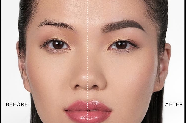 A model with eyebrow gel on their left brow, which is much fuller than their right