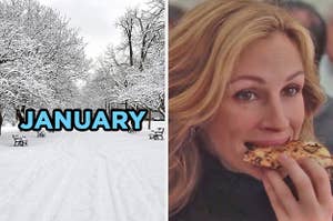 On the left, a snowy park scene labeled "January," and on the right, Julia Roberts eating pizza in "Eat Pray Love"