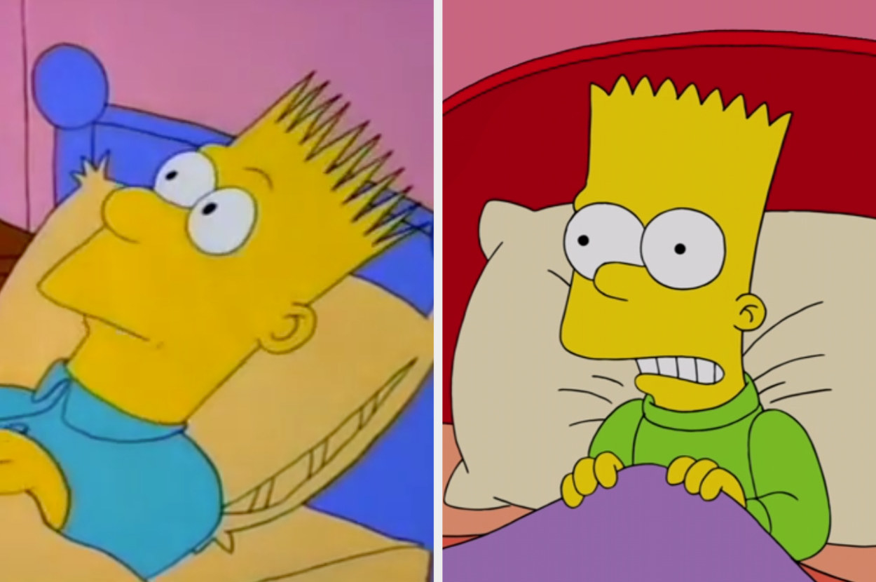 Bart in the first episode with long, skinny, spiky hair and small eyes vs now with shorter spiky hair and larger, round eyes