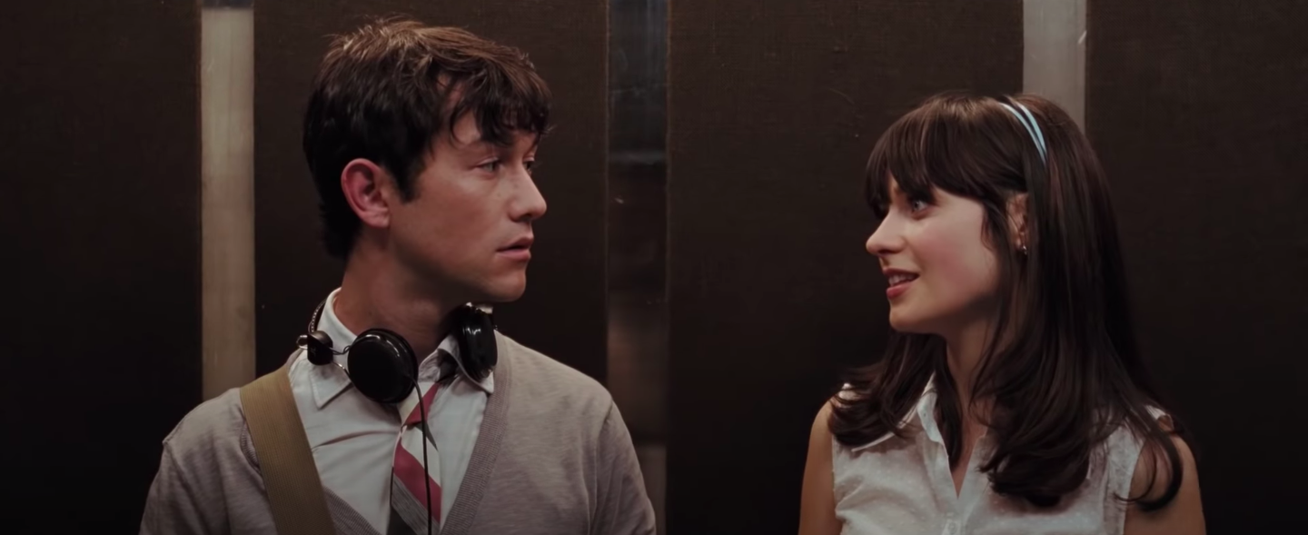 Tom and Summer from "500 Days of Summer" standing in an elevator