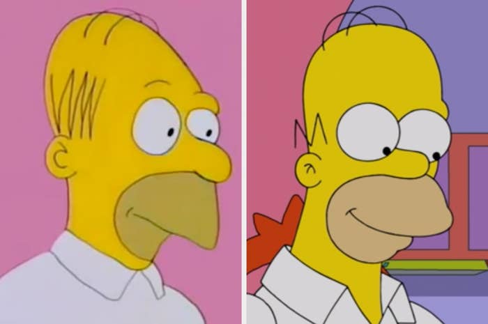 Homer Simpson in the first episode with a more rough and angular features vs Homer Simpson now with a rounder head and features