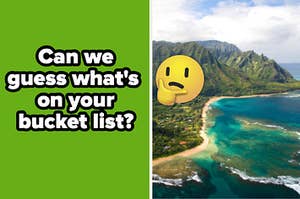 "Can we guess what's on your bucket list?" is on the left with Maui and a think face emoji on the right
