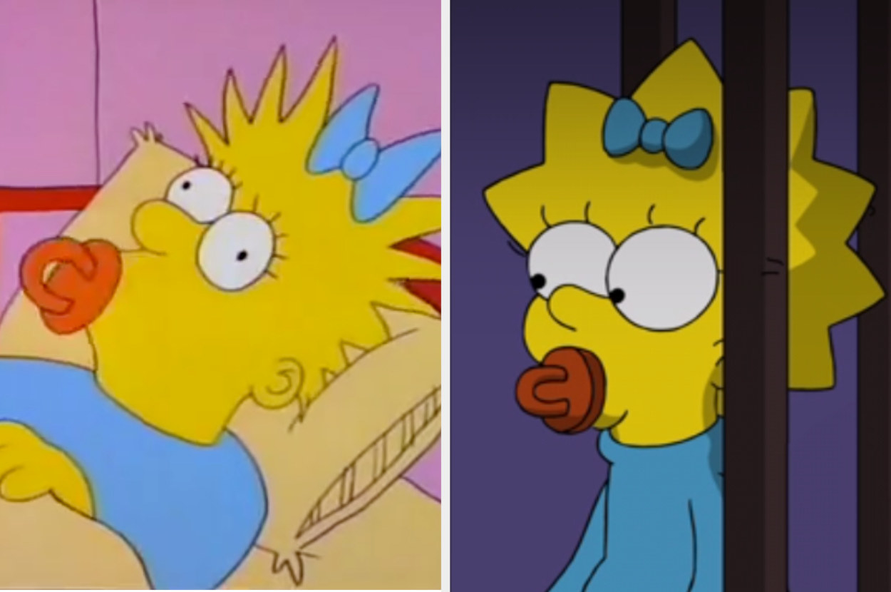Maggie with longer spiky hair vs Maggie with shorter spiky hair, but both have red pacifiers and a blue bow