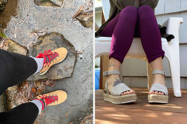on left, reviewer wears tan hiking boots. on right, reviewer wears light gray platform sandals