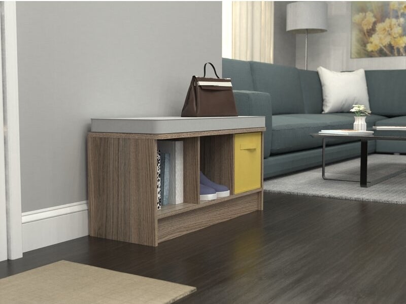 grey wood storage bunch with grey cushion on top