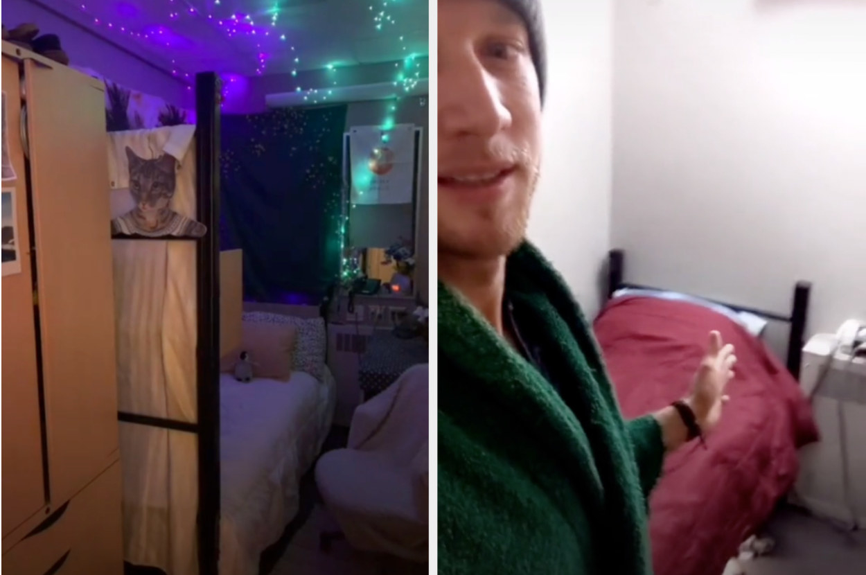 Toni&#x27;s bedroom with tapestries and twinkle lights and Joe&#x27;s bare bedroom