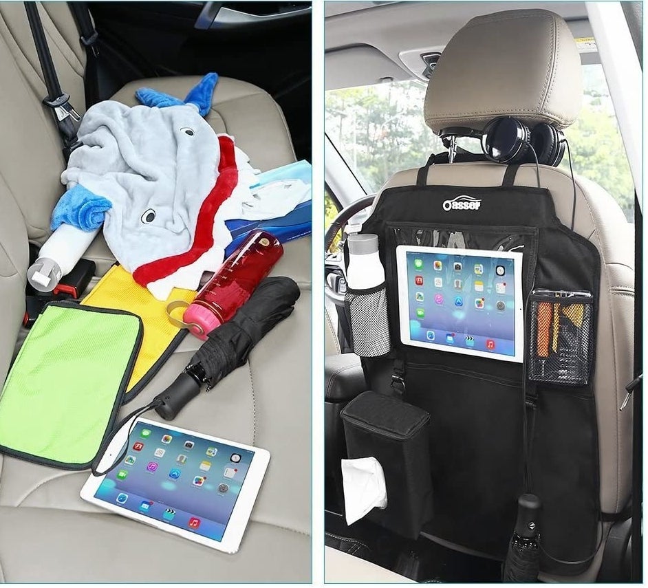a picture of a messy backseat and what it looks like all organized in the organizer