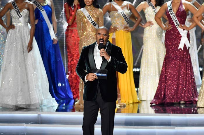 Steve Harvey speaks during the 2017 Miss Universe Pageant
