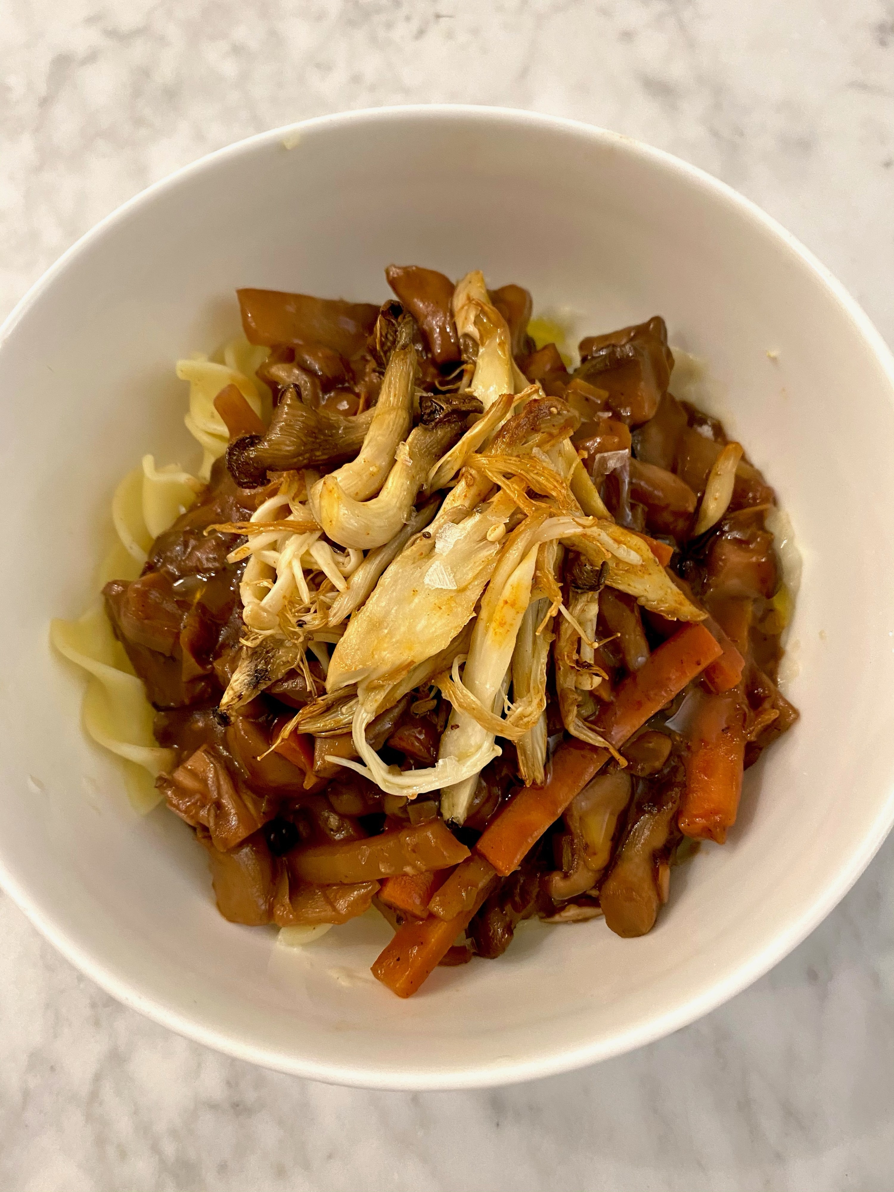 Mushroom Bourguignon over egg noodles.