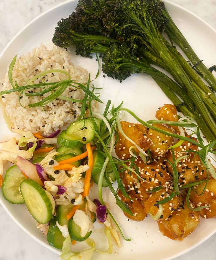 Trader Joe&#x27;s tempura cauliflower with rice and pickled vegetables. 