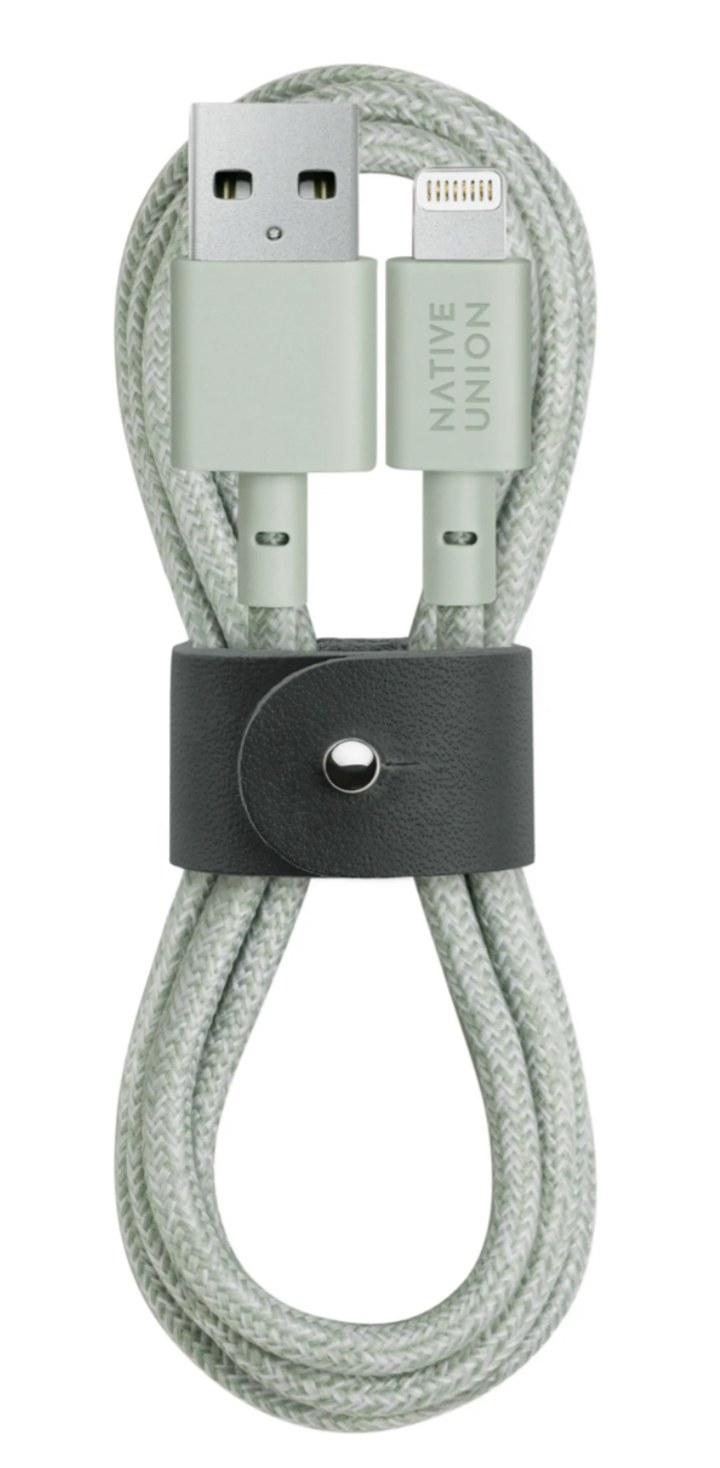 a mint charging cord with a leather strap tying it secured