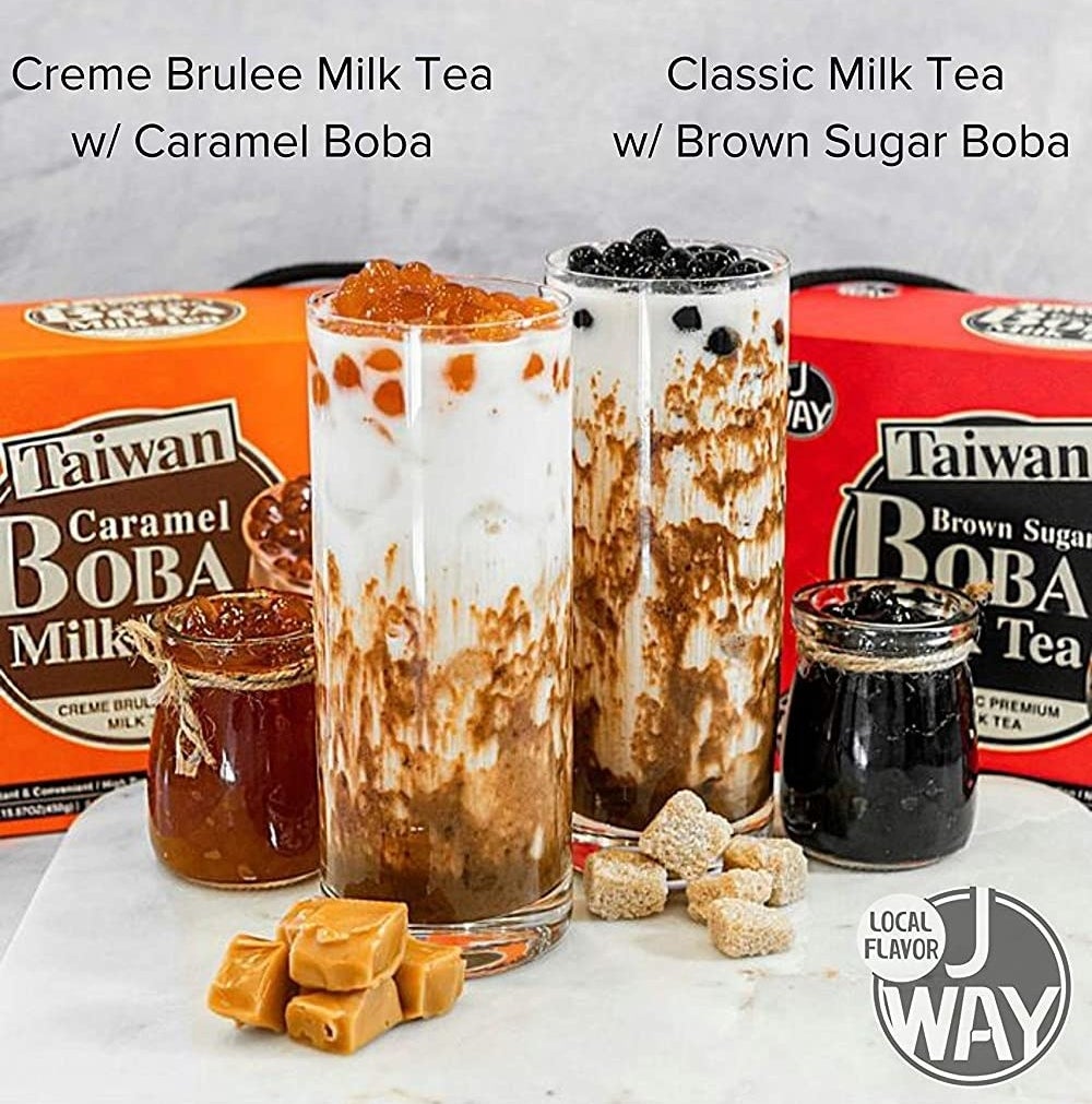 glass of creme brulee milk tea with caramel boba and glass of classic milk tea with brown sugar boba