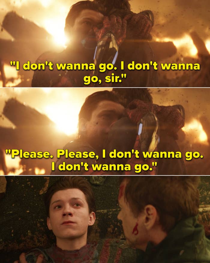 Peter gripping to Tony and saying, "Please. Please, I don't wanna go. I don't wanna go"