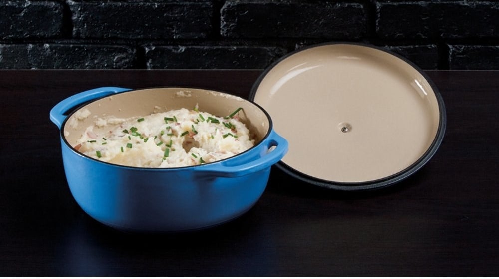 the blue dutch oven with mashed potatoes