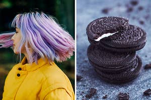 On the left, someone spinning around with their hair flowing around them, and on the right, a stack of Oreos