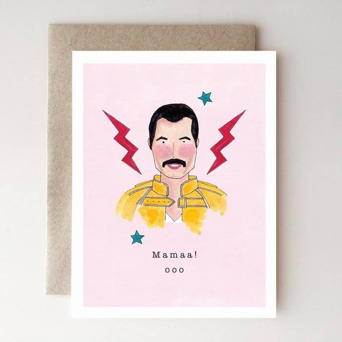 the card with a watercolor of Freddie Mercury and the text &quot;Mamaa! ooo&quot;