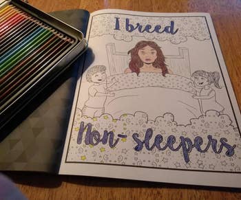 a reviewer's partially colored in coloring page of a mom in bed with two kids on the side and the text 