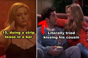 Side-by-side of Betty in "Riverdale" and Ross trying to kiss his cousin on "Friends"