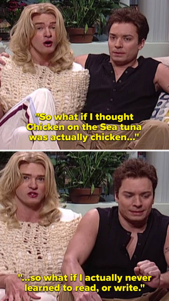 Justin Timberlake dressed as Jessica Simpson saying, &quot;So what if I thought chicken of the Sea tuna was actually chicken? So what if I never learned to read or write?&quot;