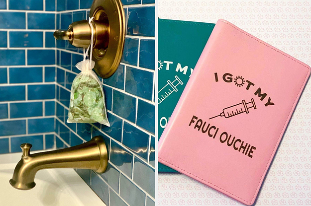 a eucalyptus shower pouch and a vaccine card holder