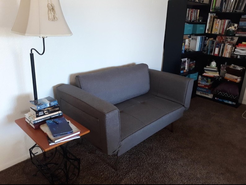 A grey loveseat in a reviewer&#x27;s home