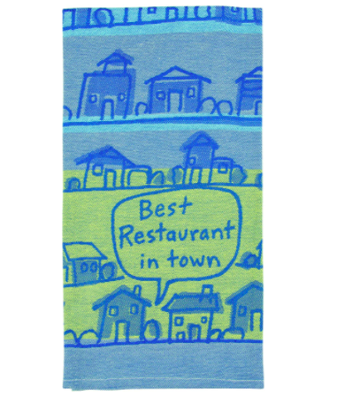 the blue and green towel printed with houses and a speech bubble saying &quot;best restaurant in town&quot;