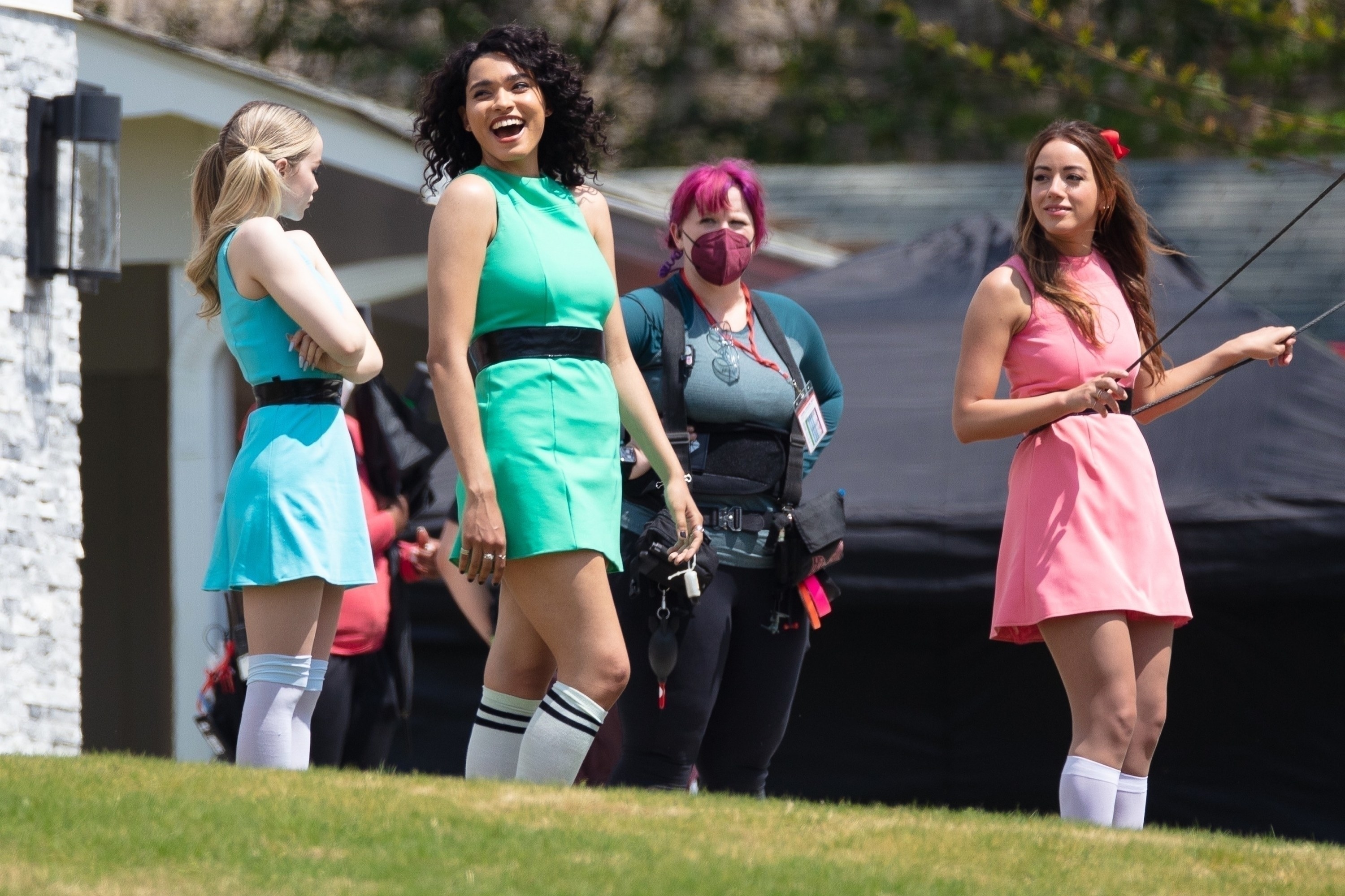 Chloe Bennet, Dove Cameron, and Yana Perrault dressed as Blossom, Bubbles, and Buttercup