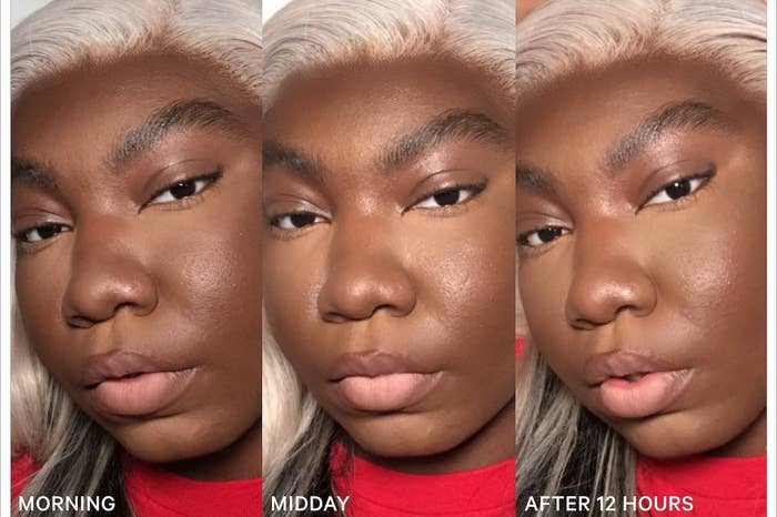 Three photos of a model in makeup to show how the primer makes it last: in the morning, midday, and after 12 hours