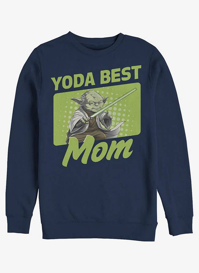 navy sweatshirt with graphic of Yoda and the text 