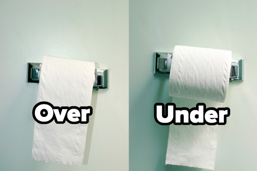 Two toilet paper rolls with the words &quot;over&quot; and &quot;Under&quot;