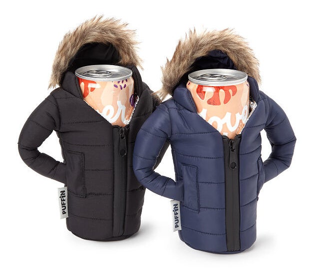seltzer cans in the black and navy holders, which look like zip up parkas with furry hoods