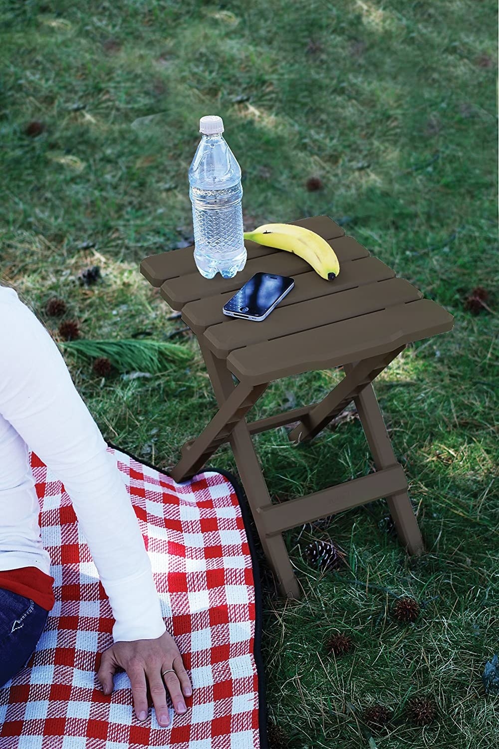 person sitting on a picnic mat with the table next to them and a water bottle, banana, and phone on the table