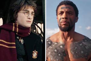 Daniel Radcliffe as Harry Potter in "Harry Potter and the Goblet of Fire" and Chadwick Boseman as T'Challa in the movie "Black Panther."