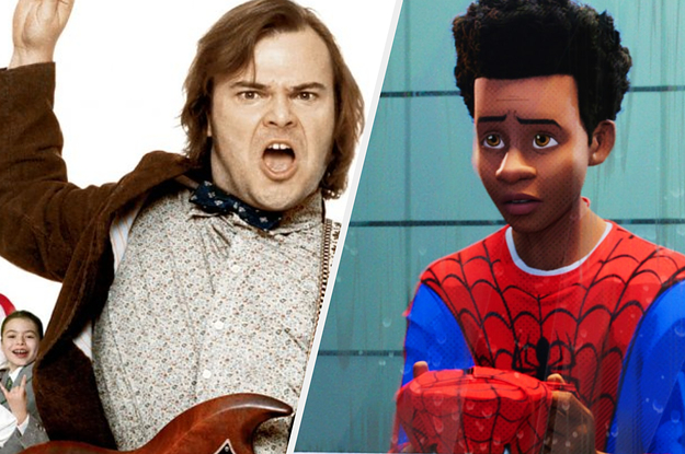 Jack Black playing guitar in school of rock next to Miles from spider-man spiderverse