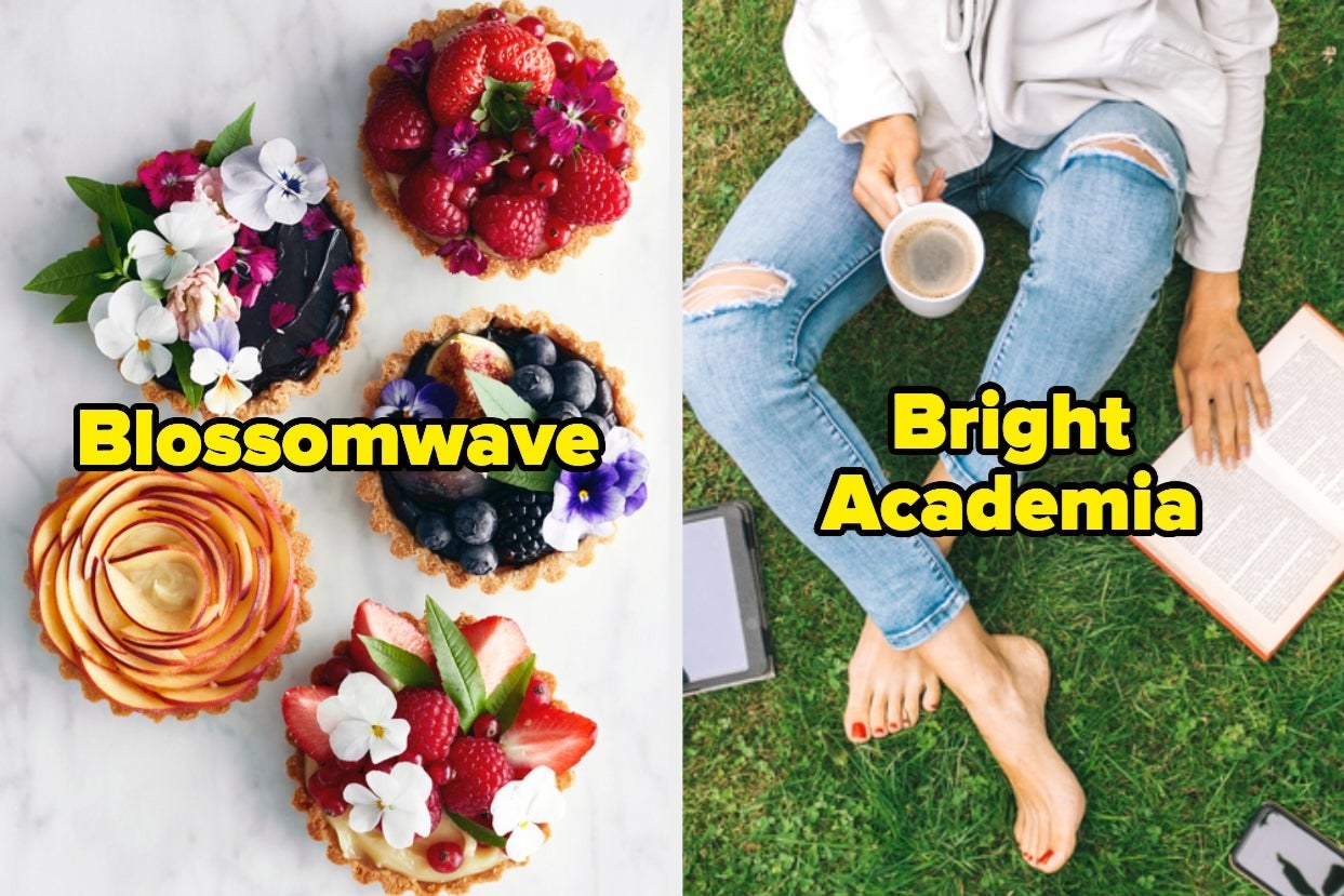 Fruit tarts with the word &quot;Blossomwave&quot; and reading in the grass with the words &quot;Bright academia&quot; 