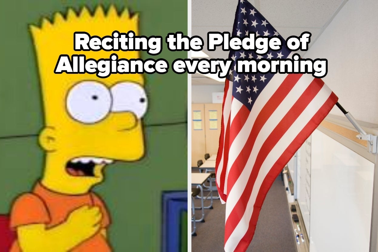 Bart Simpson pledging to flag labeled &quot;Reciting the Pledge of Allegiance every morning&quot; 
